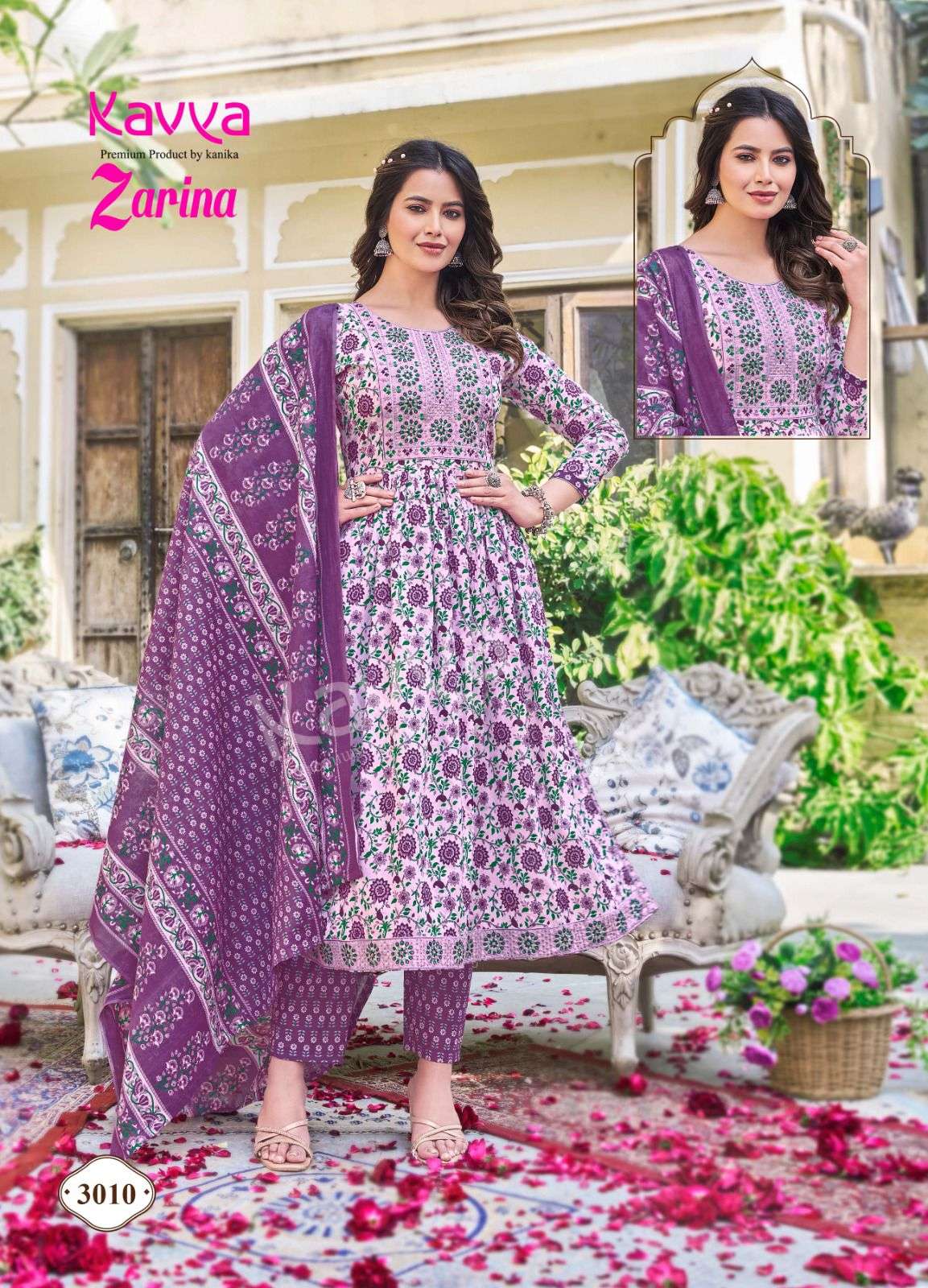 ZARINA VOL 3 MAL COTTON +EMBRODERYWORK KURTI WITH COTTON PANT AND MAL DUPATTA BY KAVYA BRAND 3010